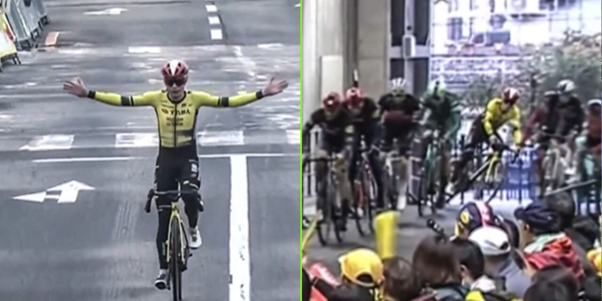 Jonas Vingegaard mag - ondanks val - de handen in de lucht steken in Saitama Criterium