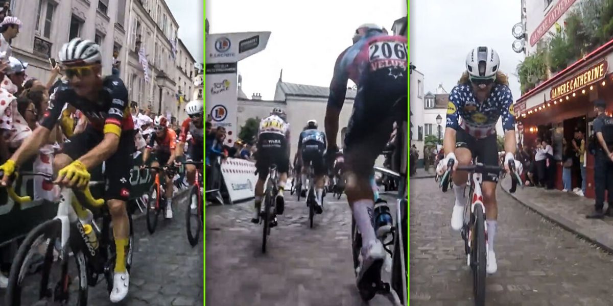 Unieke beelden: knal in het wiel van de renners de volgepakte helling van Montmartre op in de Tour
