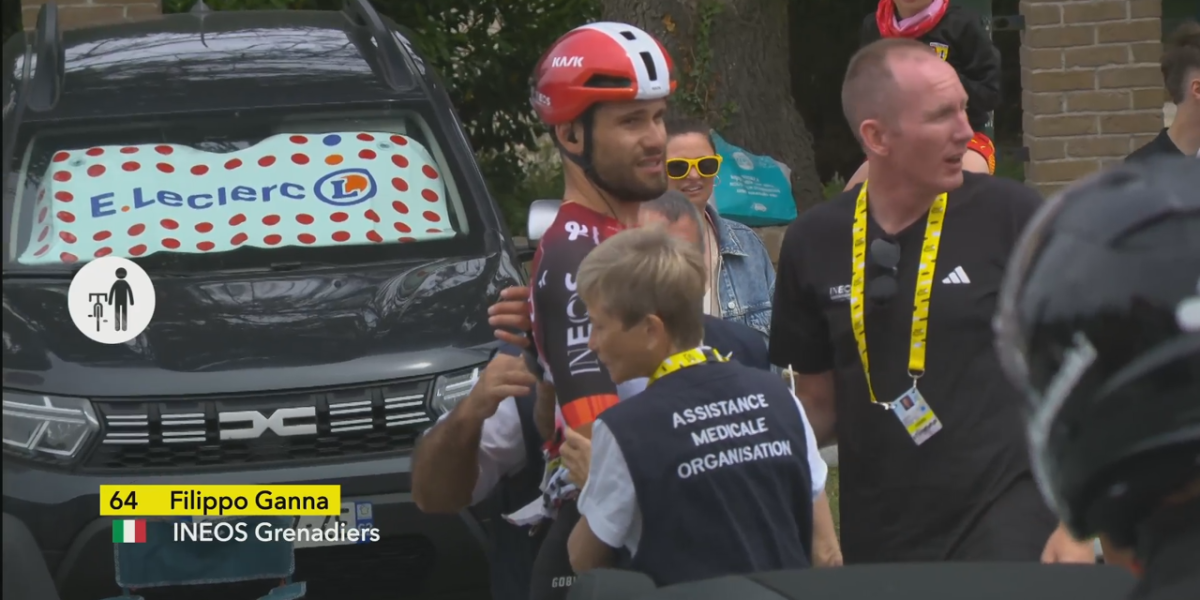 Filippo Ganna is op dag 1 al de eerste opgever (met hersenschudding?): "Ze zeiden hem dat hij moest afstappen"