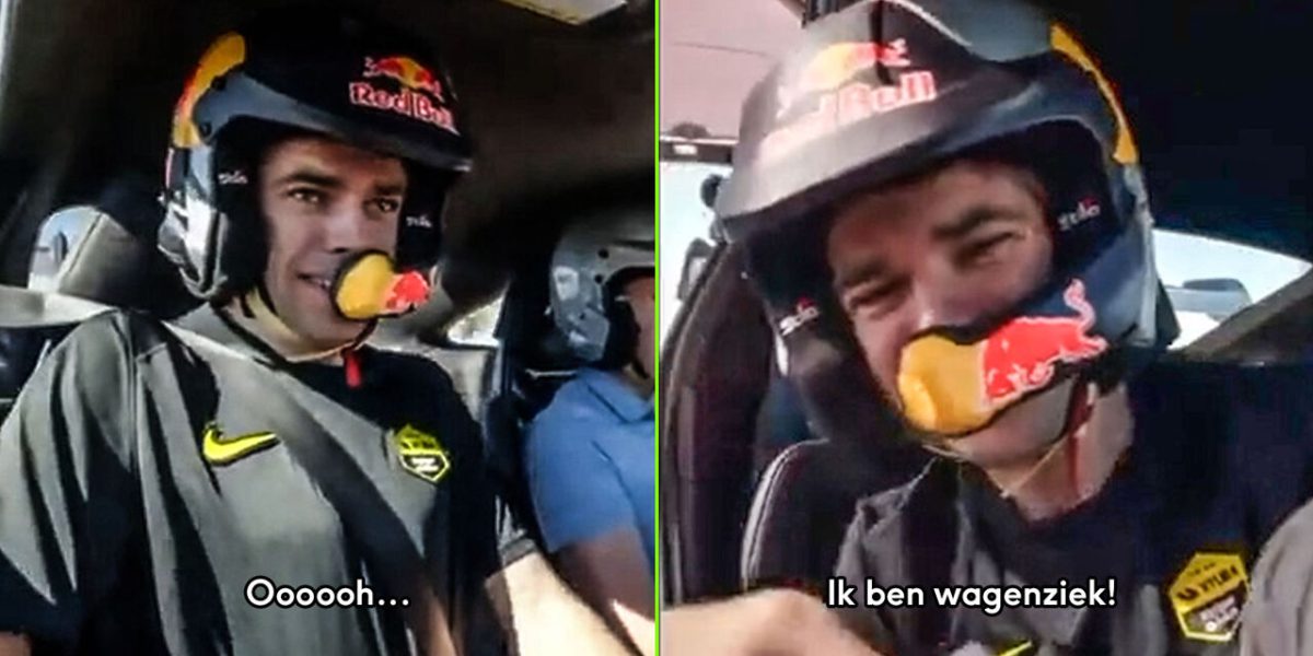 Wout van Aert knijpt hem als corijder in een raceauto: "Wagenziek"