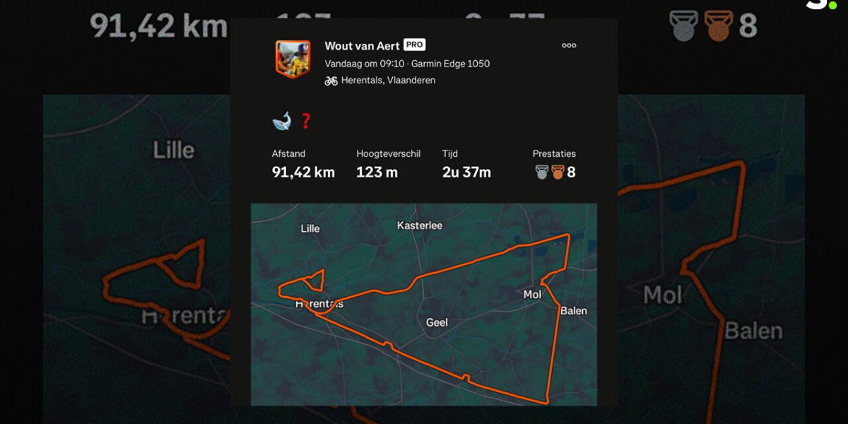 Is het een walvis of is het een haai? Wout van Aert maakt Strava-kunst van befaamde "kanalendriehoek"