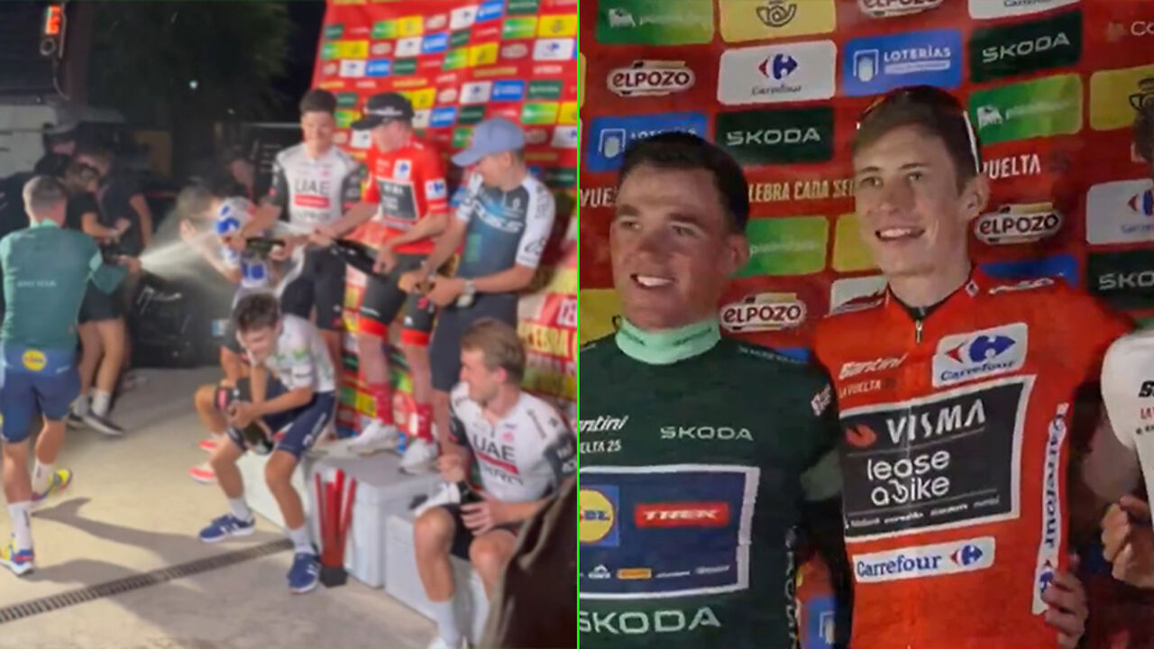 Geweldige beelden: renners houden dan maar zelf een geïmproviseerde podiumceremonie op hotelparking